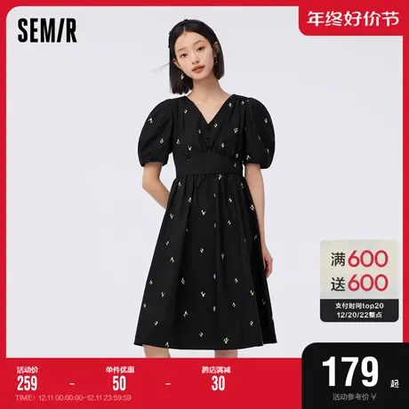 [商场同款]森马连衣裙女泡泡袖V领收腰2023夏季新款重工绣花裙子图片
