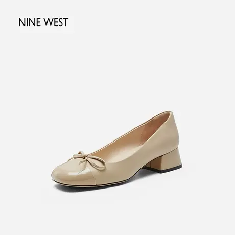 Nine West/玖熙蝶恋悦章拼接粗跟单鞋女2025夏季新款羊皮圆头浅口图片