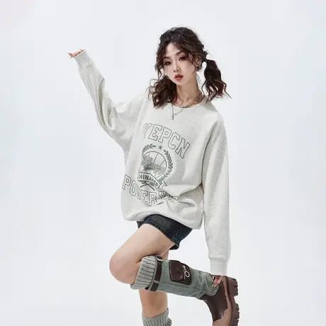 YEP印花圆领卫衣女春秋2025新款美式复古宽松情侣装无帽上衣潮牌商品大图