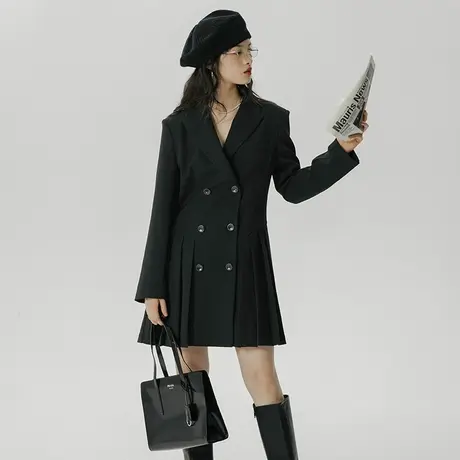 omont蛋挞家 黑色西装连衣裙女2022秋季新款廓形气质百褶裙衬衫裙图片