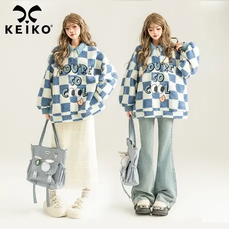 KEIKO 重工刺绣蓝白格子羊羔毛卫衣早春学院风polo领宽松毛绒外套商品大图
