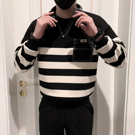 2023春秋季新款男条纹卫衣拼接圆领套头长袖上衣休闲欧站站外套潮商品大图