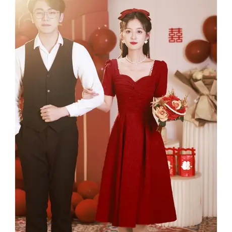 红色礼服敬酒服新娘便装平时可穿小个子设计感法式订婚连衣裙夏季图片