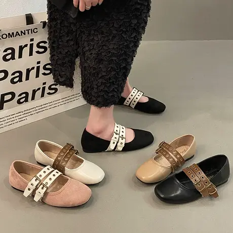 方头复古玛丽珍鞋女平底单鞋女2024春季新款浅口绒面软底奶奶鞋女图片