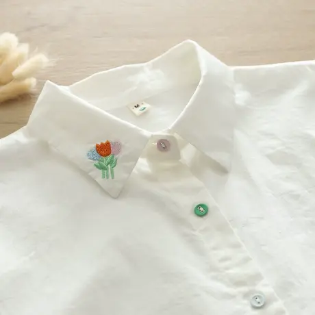 春秋新款文艺小清新绣花纽扣纯棉白色长袖衬衫女学生百搭打底上衣商品大图