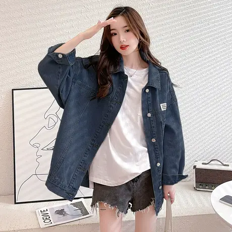 唐狮黑色牛仔外套女春秋季设计感复古宽松翻领休闲学生上衣短外套图片