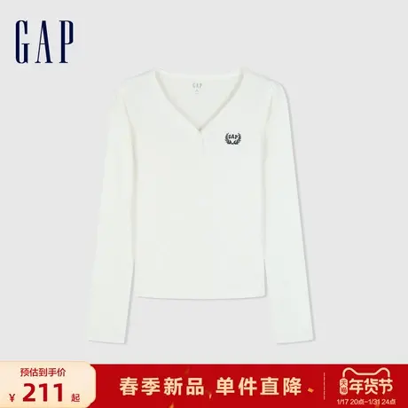 Gap女装2024春季新款logo简约纽扣V领长袖女友T套头上衣429380图片