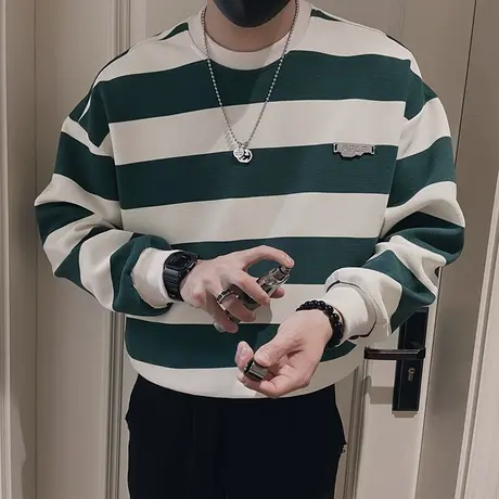 条纹卫衣男春季韩版小众设计感拼色上衣休闲圆领内搭长袖T恤外套商品大图