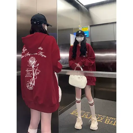 酒红色连帽卫衣女秋冬季新款加绒加厚ins潮牌设计感宽松大码外套图片