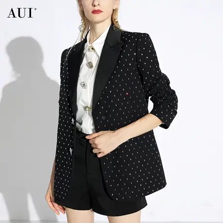 AUI黑色重工设计感西装外套女2024春秋新款高级小众廓形垫肩西服图片