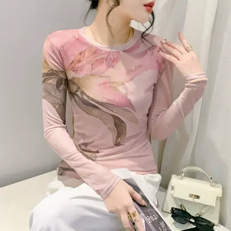 欧货女装时尚烫金网纱印花打底衫女长袖洋气减龄上衣修身显瘦T恤图片