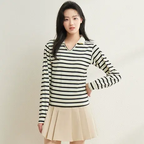 真维斯Z+女装 简约套头毛衣POLO领针织衫条纹薄款长袖T恤打底衫X图片