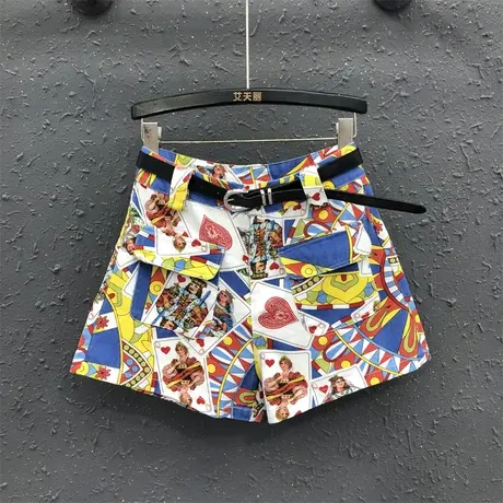 欧货休闲A字阔腿裤女2024春夏新款印花潮流宽松百搭高腰牛仔短裤图片