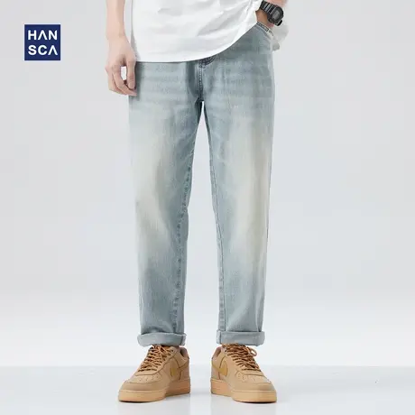 hansca浅蓝色直筒牛仔裤男款春夏季潮牌美式复古休闲弹力锥形长裤商品大图