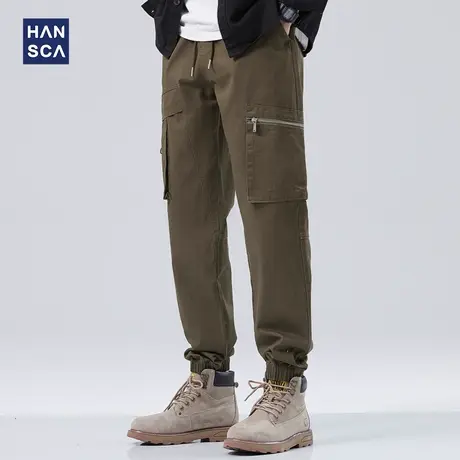 hansca秋冬款束脚工装裤男潮牌宽松多口袋大码松紧腰休闲纯棉长裤商品大图