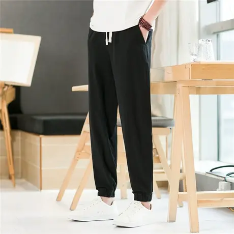 裤子男士夏季薄款潮流休闲裤棉麻夏天男裤潮牌亚麻九分裤束脚裤男商品大图