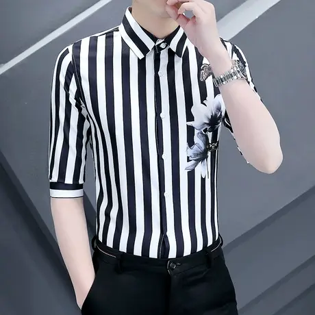 网红潮牌七分袖衬衫男韩版个性帅气春夏季中袖条纹花衬衣ins短袖商品大图