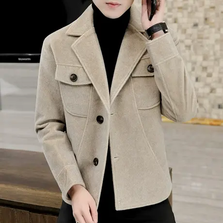 ins时尚男士呢子夹克秋冬季韩版加厚水貂绒短款风衣帅气毛呢外套商品大图