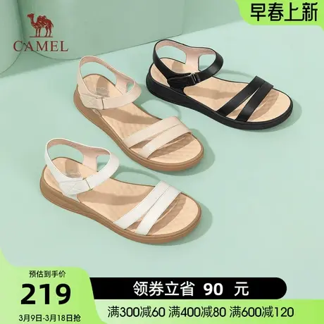 骆驼女鞋夏季新款一字带真皮软底妈妈凉鞋女魔术贴厚底凉鞋女图片