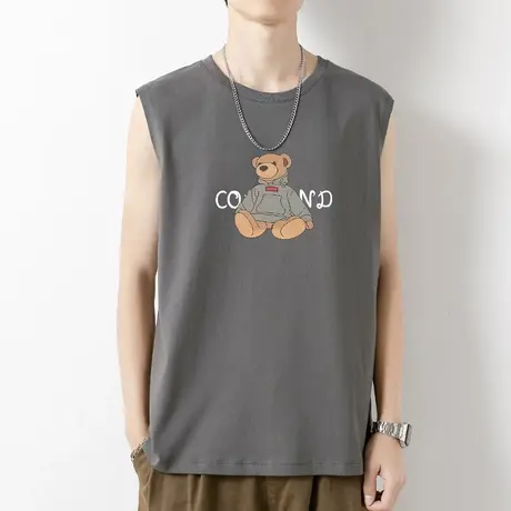 纯棉背心男士夏季外穿健身运动坎肩汗衫小熊印花全棉宽肩无袖t恤商品大图