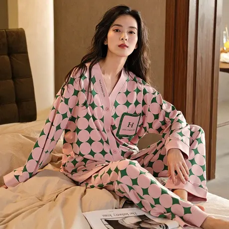 婷美新款睡衣女春秋季纯棉长袖开衫v领全棉可外穿家居服秋冬套装商品大图