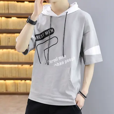 连帽短袖t恤男潮牌潮流2023新款五分半袖卫衣男士体恤青少年衣服商品大图