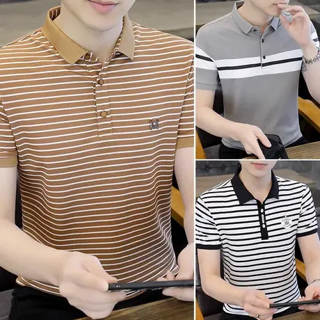条纹短袖t恤男夏季韩版潮牌青年翻领polo衫男士休闲半袖体恤衣服商品大图