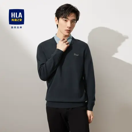 HLA/海澜之家长袖针织衫男2023秋季双领字母绣花修身时尚毛衣男图片