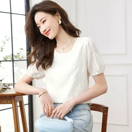 时尚气质圆领短袖衬衫2023年夏季新款淑女温柔甜美修身显瘦上衣商品大图