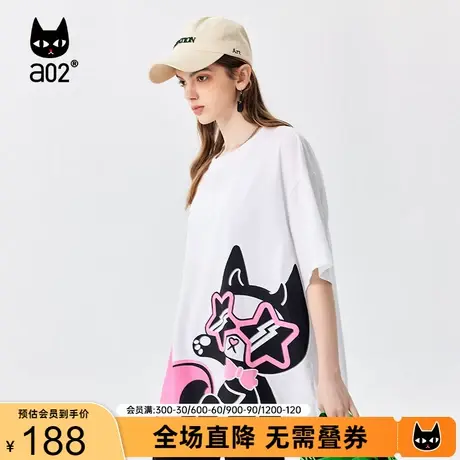 【趣玩】a02卡通猫咪印花T恤2023夏季潮流宽松中长款遮肉显瘦短袖商品大图