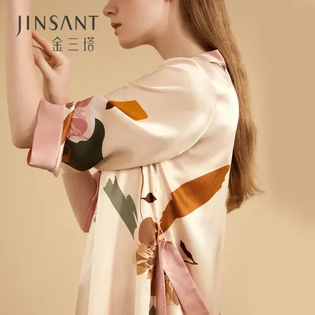 金三塔100%桑蚕丝晨袍 真丝睡衣女蔷薇印花睡袍婚庆家居服新品图片