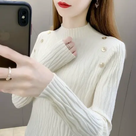 半高领打底毛衣女2022秋冬新款韩版纽扣洋气套头针织衫长袖上衣潮图片