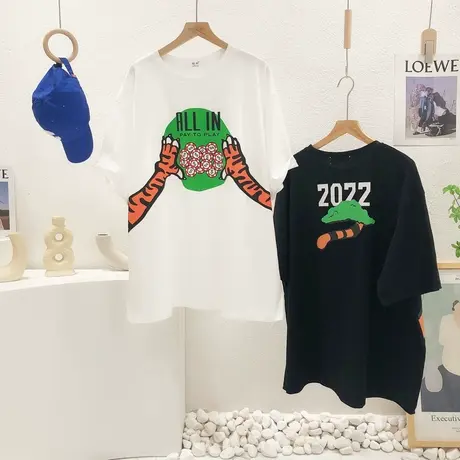 2022春夏新款韩国东大门原宿港风ins老虎抓钱短袖T恤男女情侣大码商品大图
