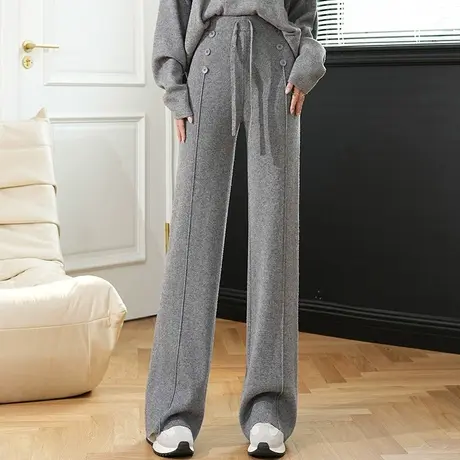 灰色阔腿裤女秋冬2023新款松紧高腰垂感显瘦针织长裤百搭直筒裤子商品大图