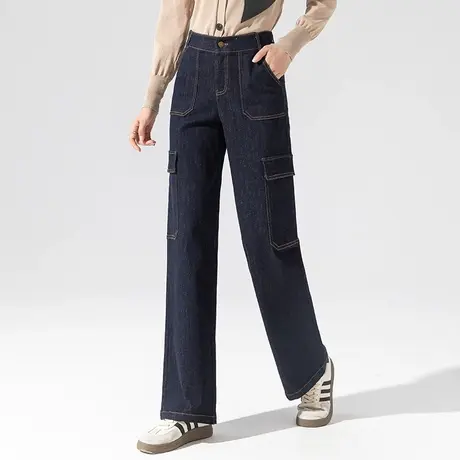 宽松复古美式工装裤女2023新款秋季裤子高腰直筒裤烟筒阔腿牛仔裤商品大图