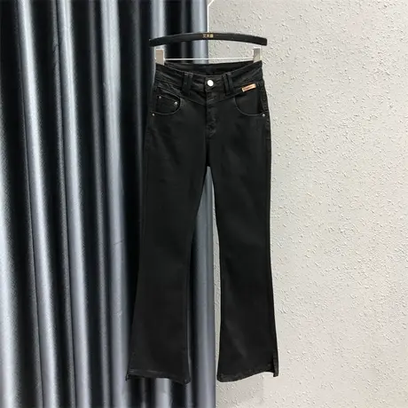 2023秋新款韩版黑色微喇裤女高腰弹力修身开叉长裤时尚牛仔裤潮图片