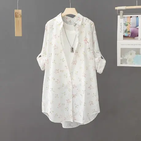 小清新印花长袖防晒衬衫女2023夏季新款中长款薄衬衣防晒外套开衫图片