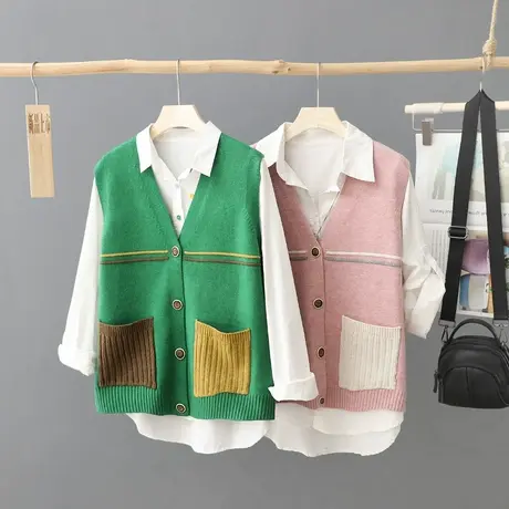 文艺V领针织马甲开衫女秋季2023新款宽松无袖马夹毛衣坎肩背心女图片