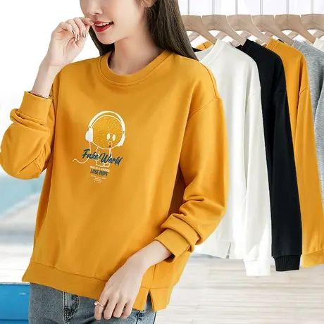 印花卫衣女春秋宽松开叉圆领长袖套头简约百搭打底衫上衣2023新款商品大图