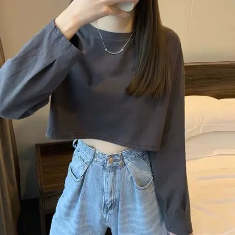 春装2021年新款长袖T恤女韩版潮学生宽松休闲百搭短款露脐上衣服商品大图