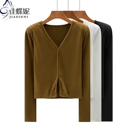 秋冬新款韩版V领修身纯棉纯色简约显瘦长袖体恤上衣内搭女打底衫商品大图