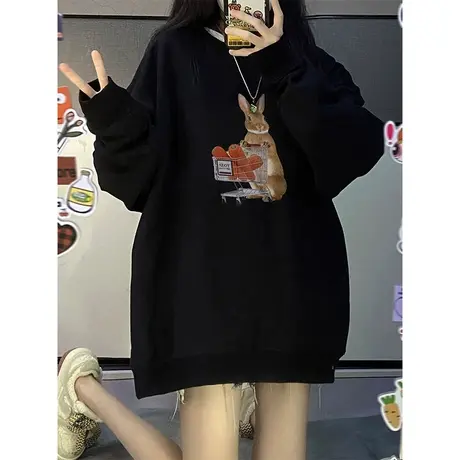 设计感兔子印花圆领卫衣女秋冬加绒加厚ins潮牌小众宽松大码外套图片