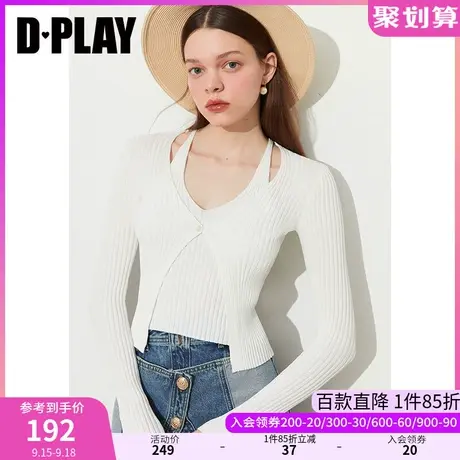 DPLAY2023秋新设计感假两件式时尚白挂脖短款v领修身针织衫上衣图片