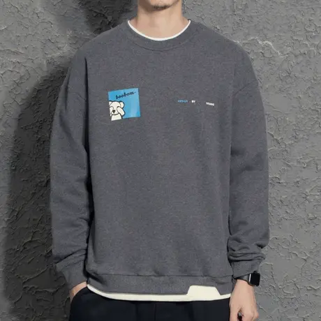 奕飏2021秋冬新款上衣男潮印花卫衣圆领长袖情侣装加绒外衣假两件商品大图