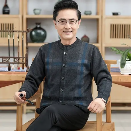 爸爸开衫毛衣男长袖羊毛针织衫中老年男装爷爷加厚绒外套春秋冬季商品大图