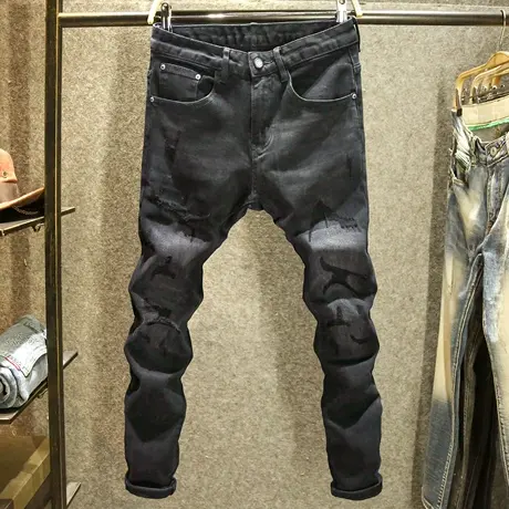 个性破洞黑色男士牛仔裤潮牌弹力修身小脚裤2023秋季新款男装裤子商品大图