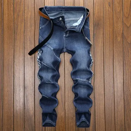 秋冬新款牛仔裤男士长裤修身小脚弹力潮流休闲拼色格仔中腰洗水裤商品大图