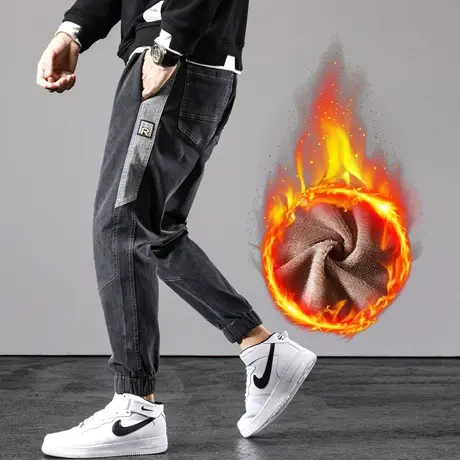 秋冬季工装牛仔长裤男士抽绳束脚裤休闲裤子潮牌保暖加绒加厚外穿图片