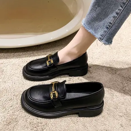 真皮小皮鞋女春季2023年新款搭扣英伦风复古豆豆鞋黑色乐福鞋单鞋图片