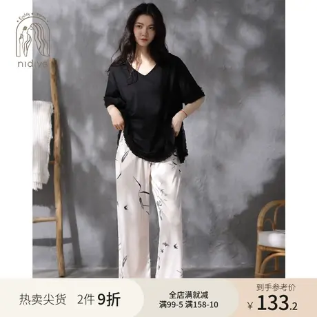 妮狄娅睡衣女春夏季纯棉短袖v领国风水墨画冰丝九分裤家居服套装商品大图